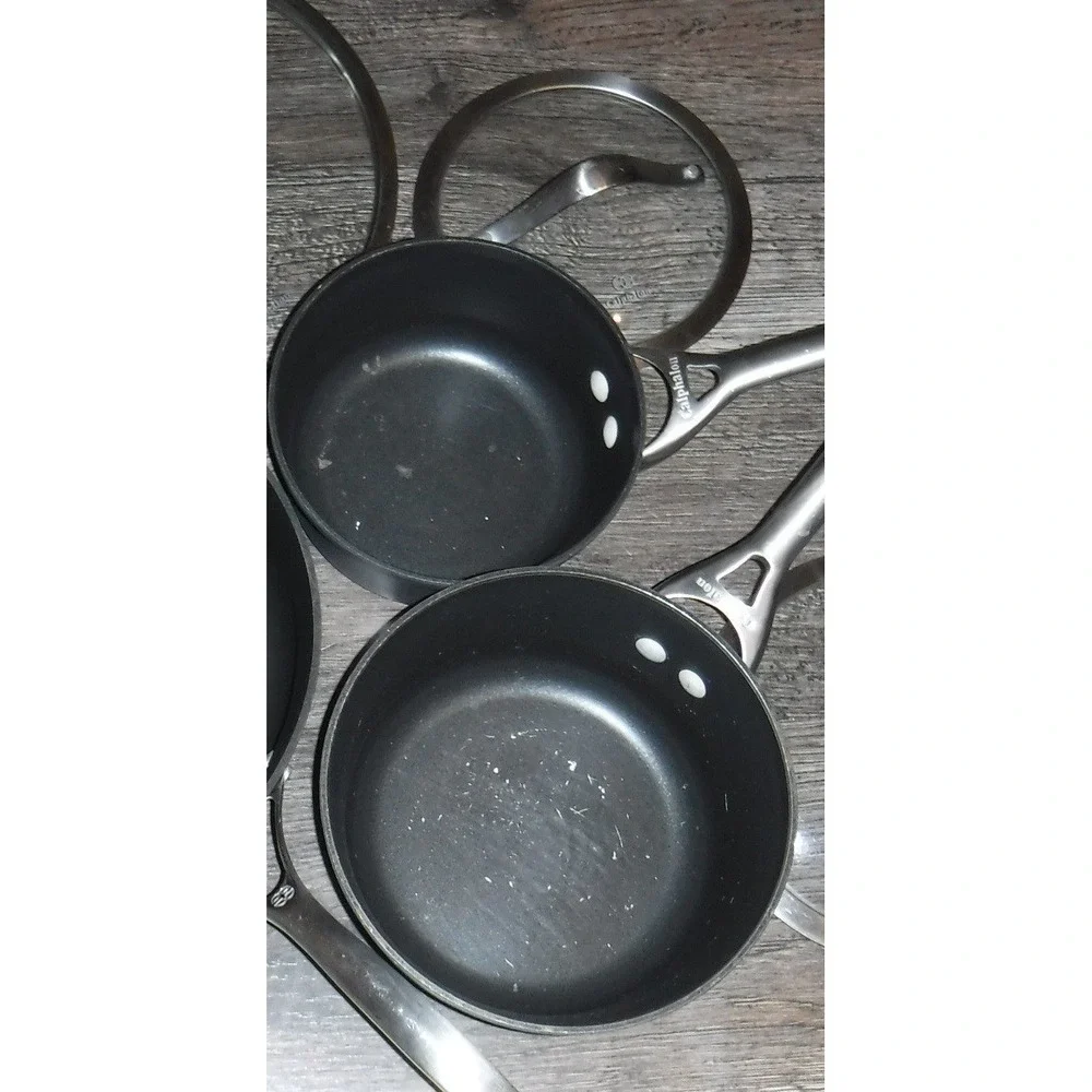 Calphalon Sauce Pan Set 2.5 Qt & Small Pot Gray Nonstick Good Condition Lids